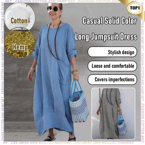 🎁Last Day Promotion 49% OFF🔥Cotton Linen Casual Solid Color Pocketed Round Neck Long Jumpsuit