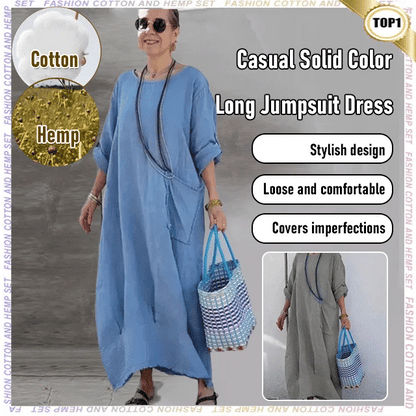 🎁Last Day Promotion 49% OFF🔥Cotton Linen Casual Solid Color Pocketed Round Neck Long Jumpsuit