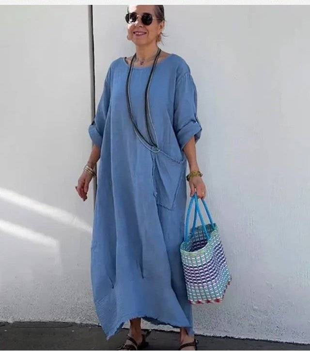 🎁Last Day Promotion 49% OFF🔥Cotton Linen Casual Solid Color Pocketed Round Neck Long Jumpsuit